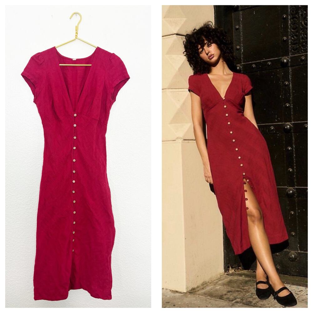 Free People New In Town Midi Dress Red Textured Button Front Aline Bohemian